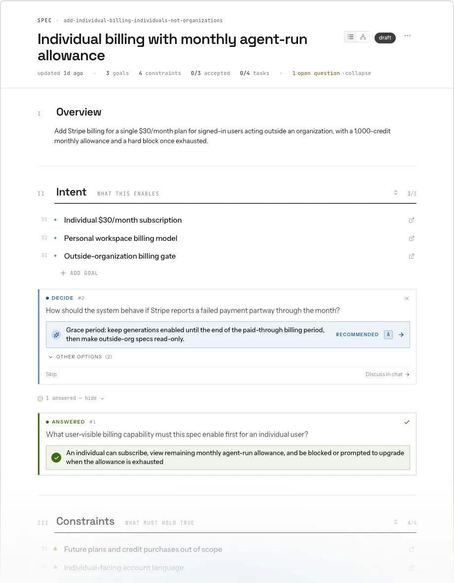 ZeNorm spec editor: an answered question and a pending agent question alongside goals and constraints
